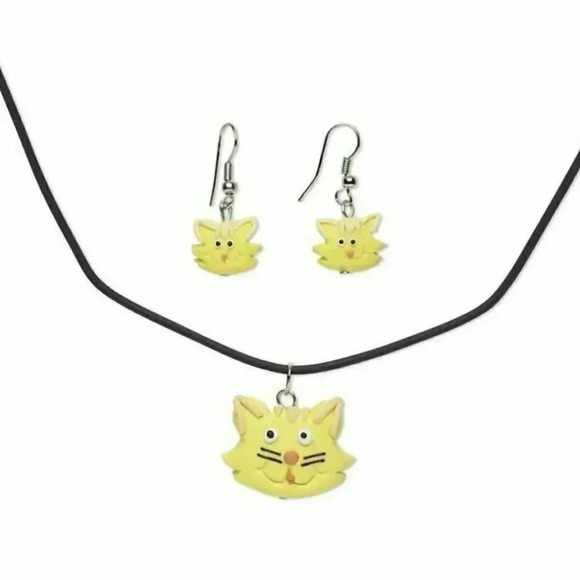 Handmade Yellow Kitten Cats Fimo Polymer Clay Necklace Earrings Jewelry Set - Picture 1 of 1